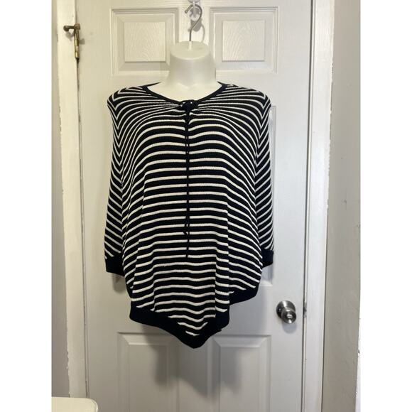 Talbots Poncho Cape Sweater Womens Large Cruise Lace Up Striped Navy White - Picture 3 of 7